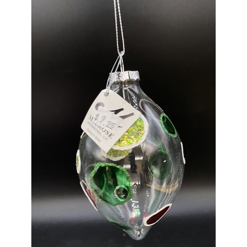 Melrose Blown Clear Glass Polka Dot Glitter Ornament 5.5” Vintage